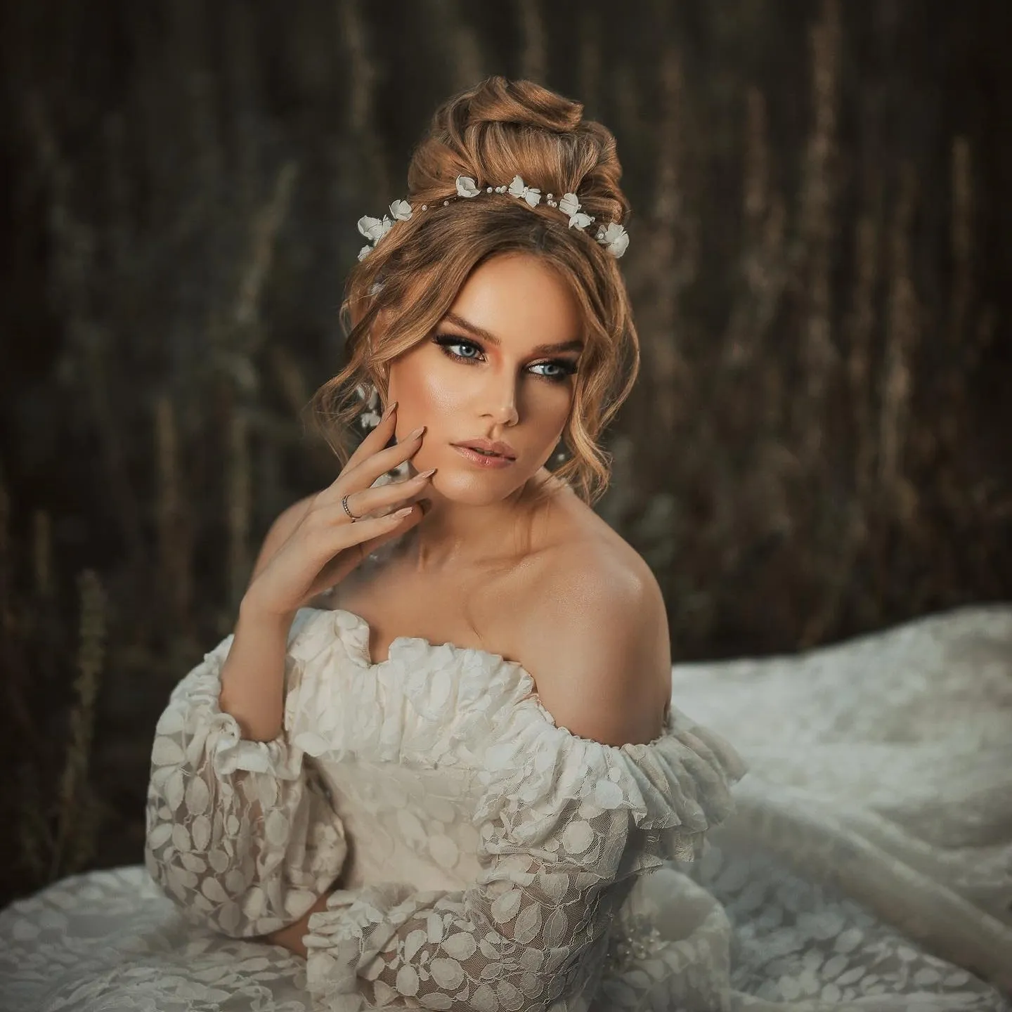 Bride with a jewelled hair vine and soft glam