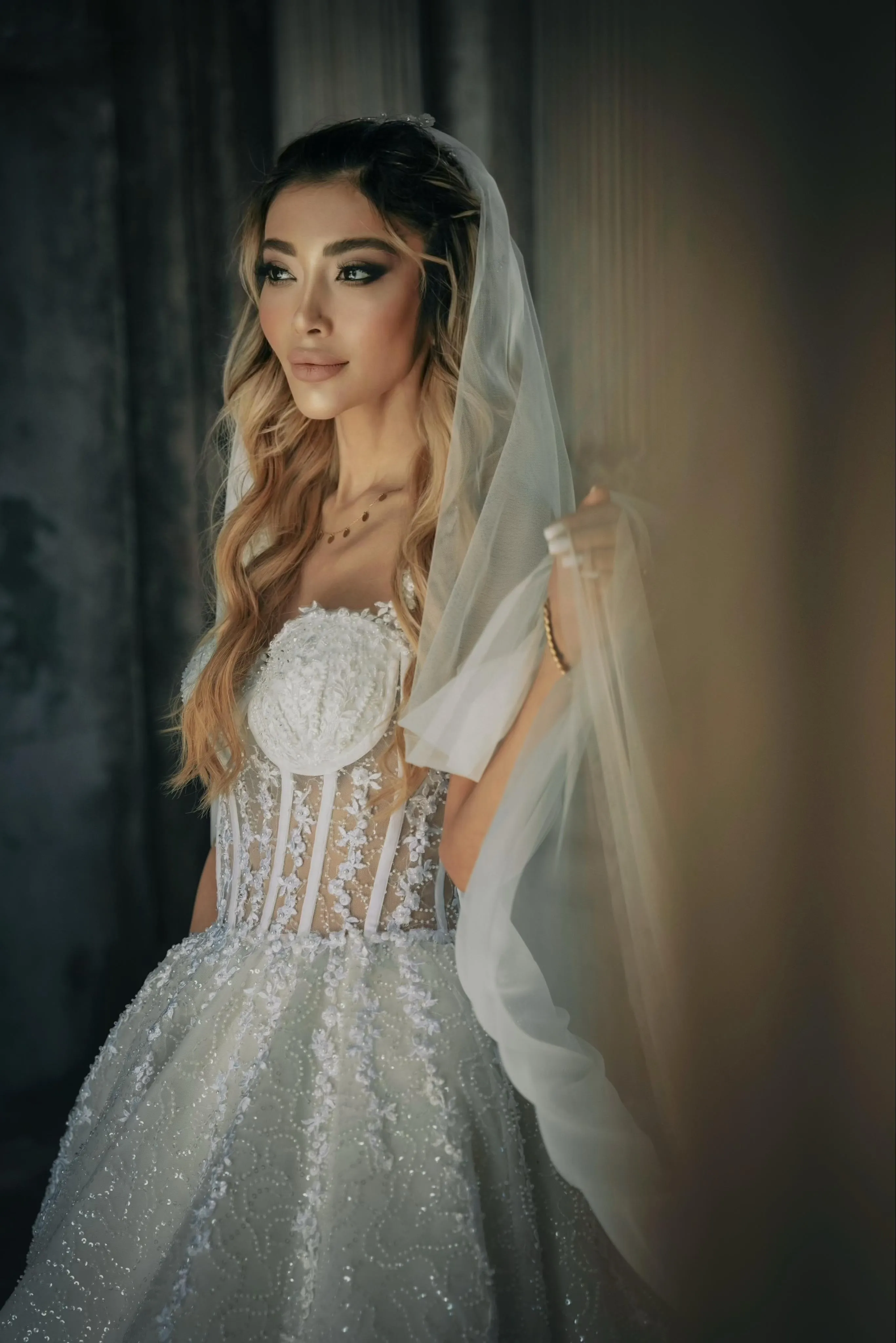 Bride in a lace corset gown and cathedral veil with luminous bridal makeup